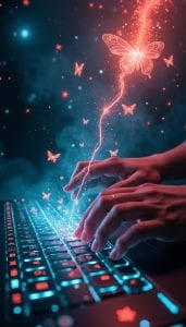person typing with magic of butterflies uplifting from the keyboard