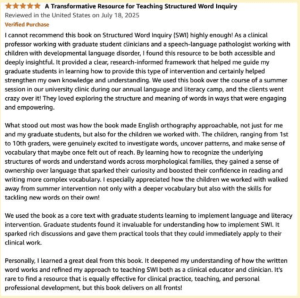 An image of a very favorable review of the book Vocabulary & Morphology using SWI